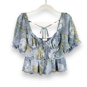 ASTR Claremont Blue Floral Bustier Puff Sleeve Blouse Top Size S Short Sleeve